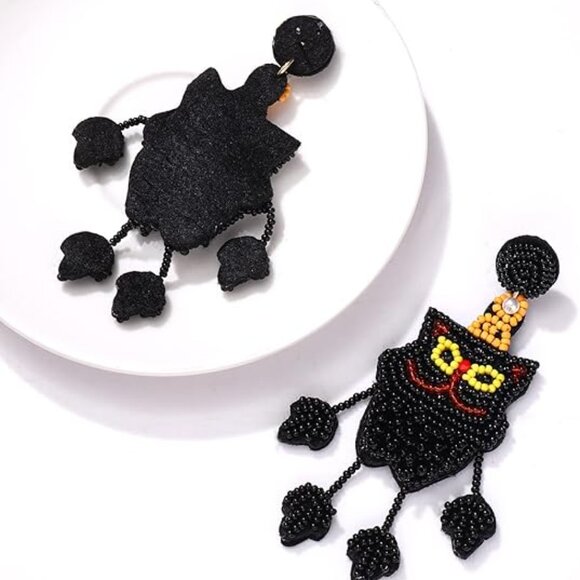Black Cat Beaded Halloween Dangle Leg Pet Lovers Witch Theme Earrings - Picture 6 of 6